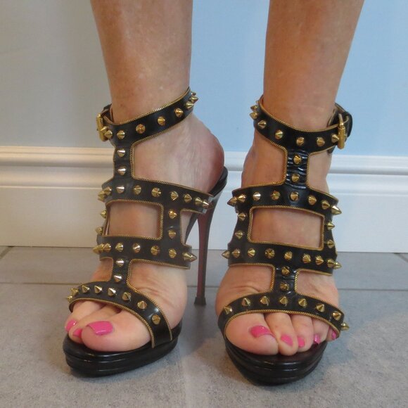 CHRISTIAN LOUBOUTIN Black and Gold Stud and Chain High Heel Sandals - Picture 1 of 9